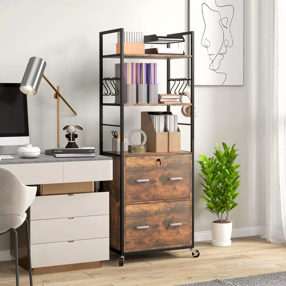 CoSoTower 2-Drawer Mobile File Cabinet Lock Hanging Bar Rustic Brown