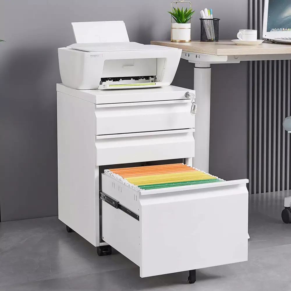 CoSoTower 3 Drawer Mobile Locking File Cabinet 5 Wheels Letter/A4 Size White