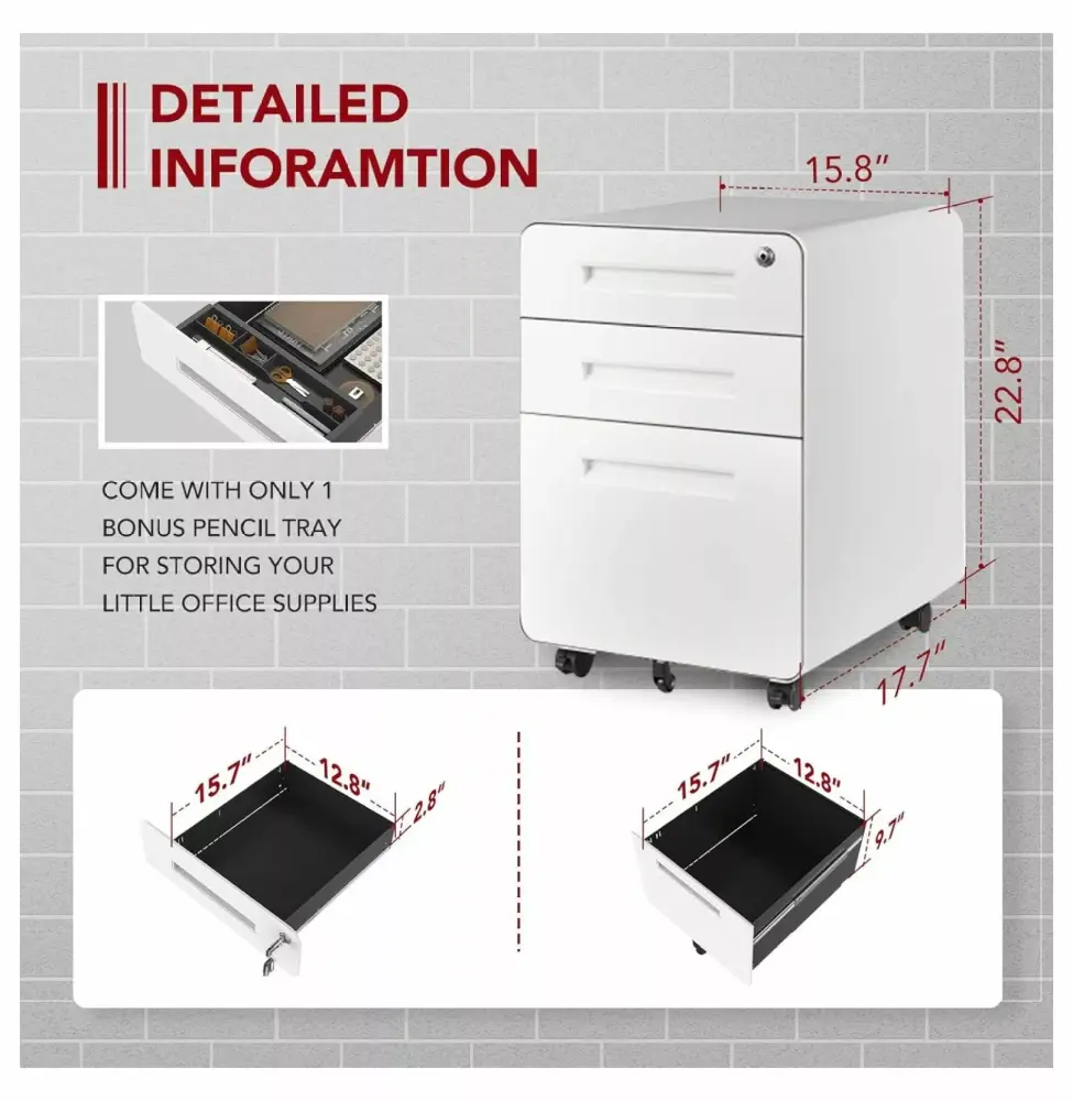 DazzAura Mobile File Cabinet 3 Drawer File Cabinet Round Corner Design White