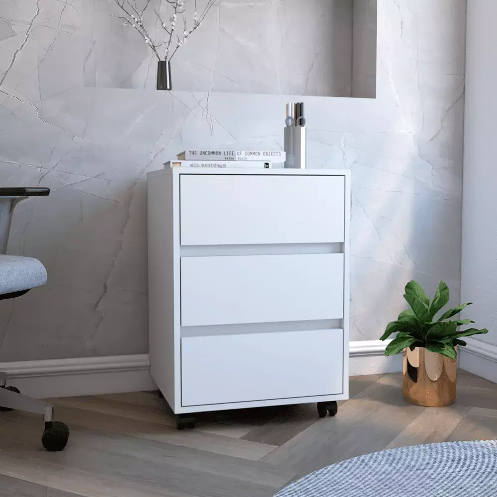 3 Drawer Filing Cabinet Four Casters and Top Surface White Home Office DeeHome