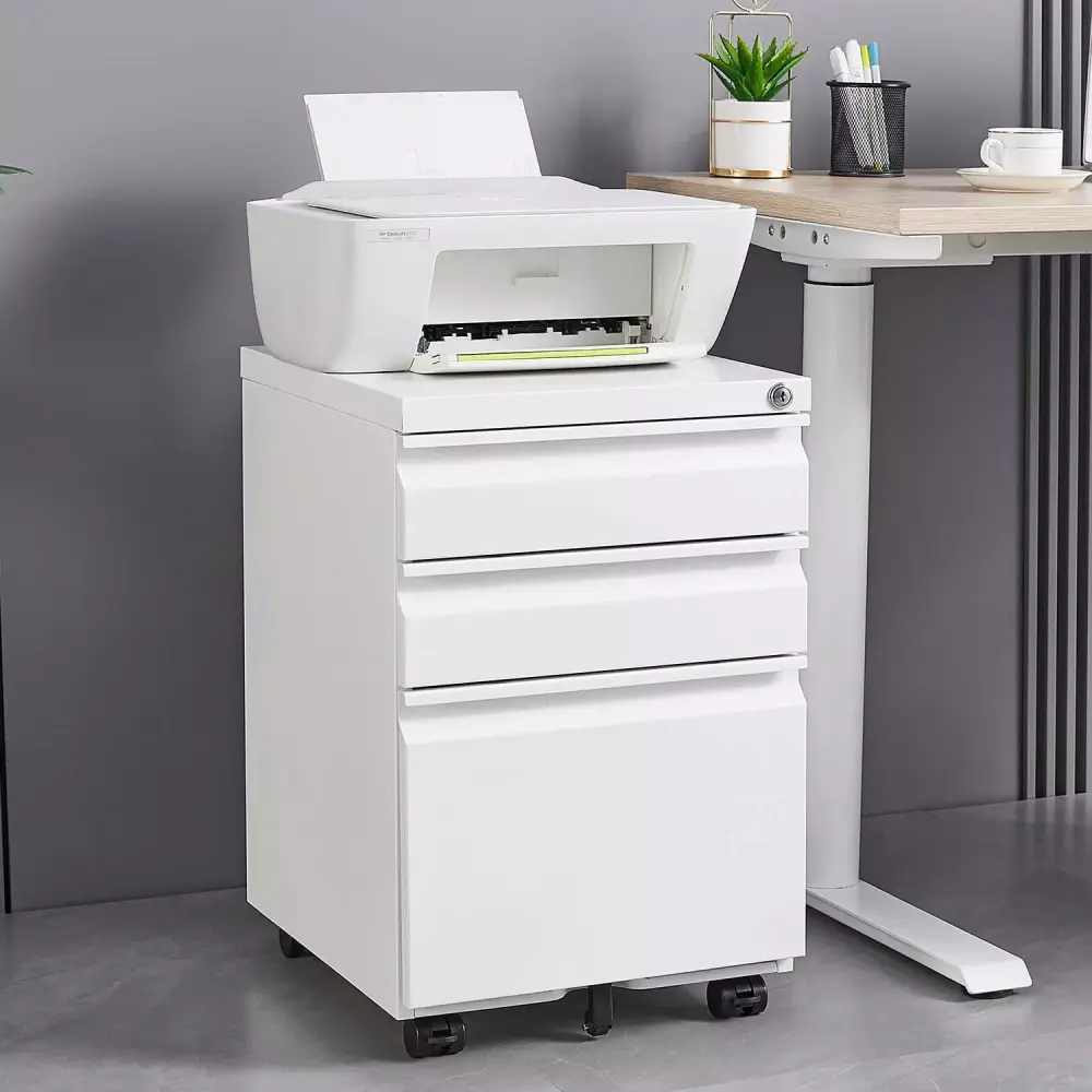 White 3-Drawer Mobile File Cabinet Lock Pre-Assembled Office DeeHome