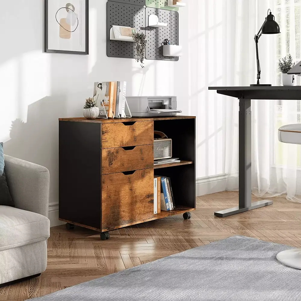 DEVAISE 3 Drawer Lateral File Cabinet on Wheels Rustic Brown Mobile Vertical Filing Cabinet Open Shelves