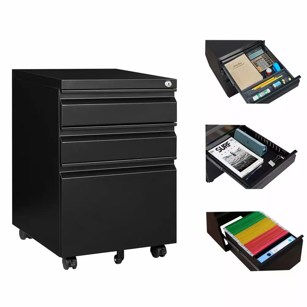 DLPIN 3 Drawer File Cabinet Lock Assembled Metal Filling Cabinet Wheels Legal Letter Size Under Desk Black