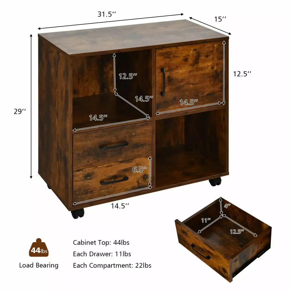 Wood Mobile File Cabinet 2 Drawers Rolling Printer Stand Cabinet Open Compartments exdeerjoy