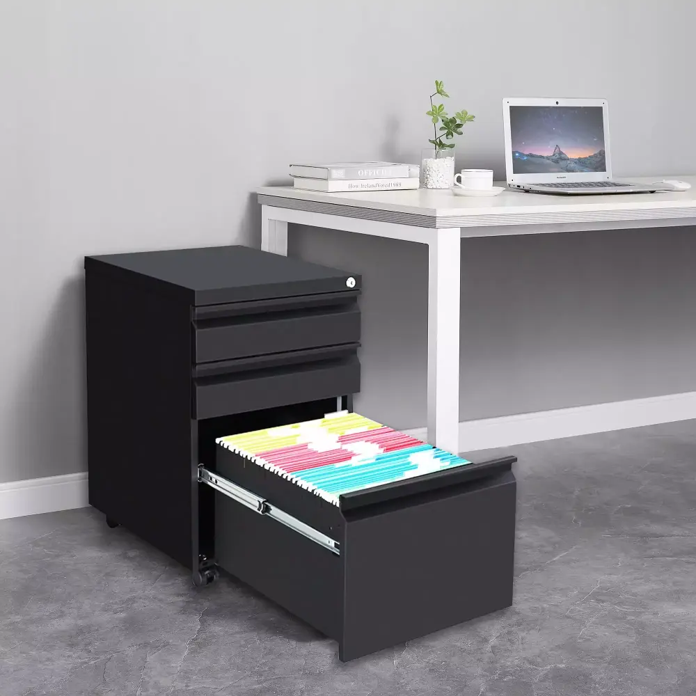3 Drawer File Cabinet Lock Steel Mobile Filing Cabinet on Anti-tilt Wheels Rolling Locking Office Cabinet Legal Letter Siz...