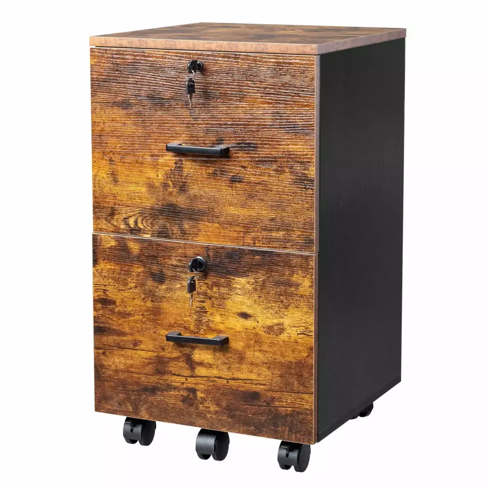 Zimtown Rolling File Cabinet 2 Drawers Wheels Locking Office Storage Rustic Black Brown FCH