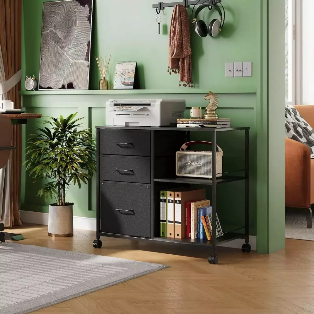 Black 3-Drawer Mobile File Cabinet Rolling Printer Stand Open Storage Shelf General