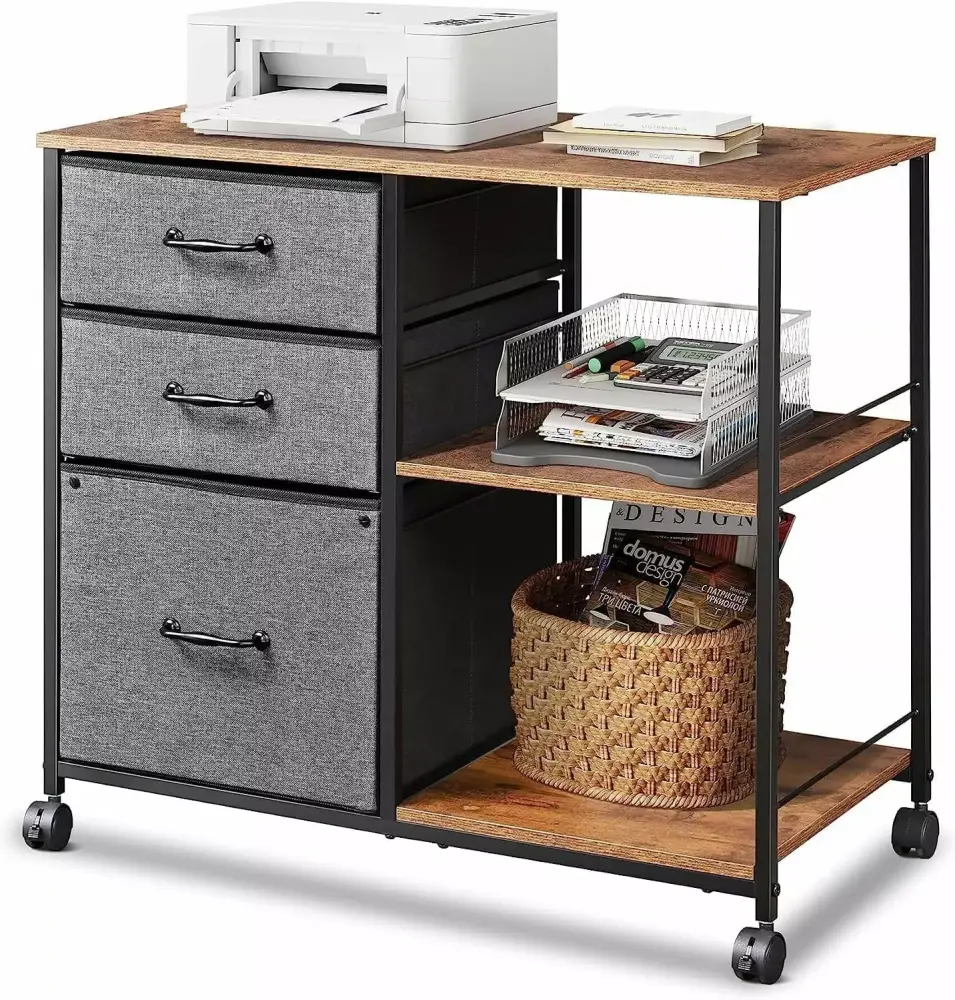 Rustic Brown 3-Drawer Mobile File Cabinet Rolling Printer Stand Open Shelf General