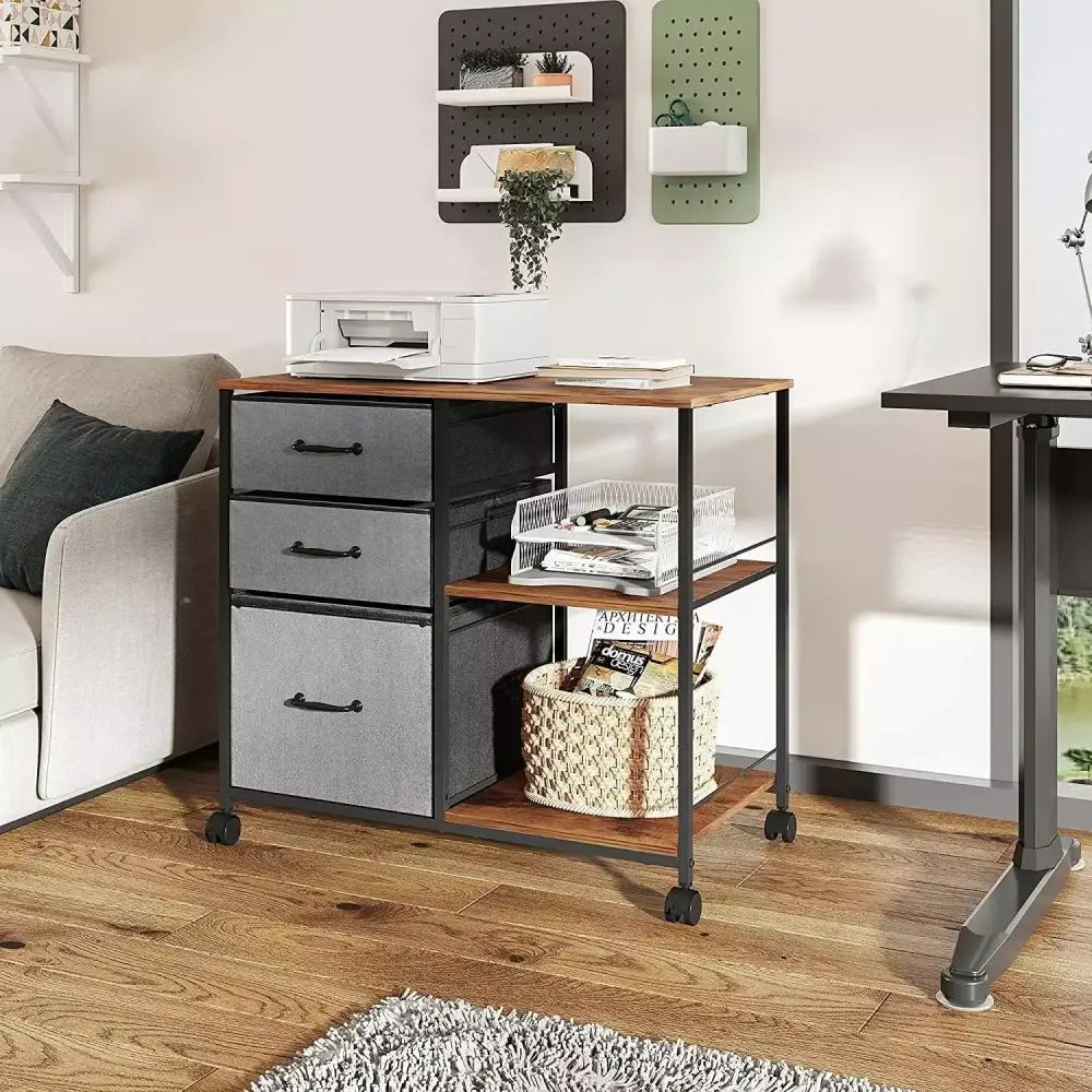 Rustic Brown 3-Drawer Mobile File Cabinet Rolling Printer Stand Open Shelf General