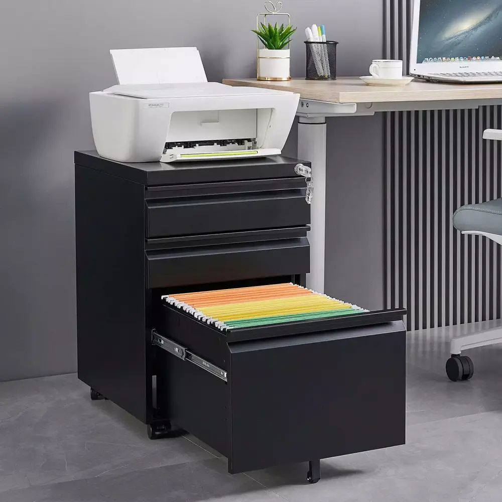 3 Drawer Mobile File Cabinet Lock Pre Assembled Metal Filing Cabinet Black GUTALOR