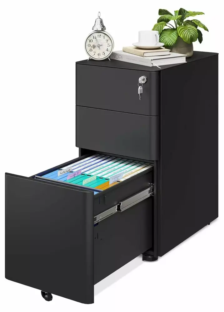 HMTtie 3 Drawer Rolling File Cabinet Lock Fully Assembled A4 Legal Letter Black