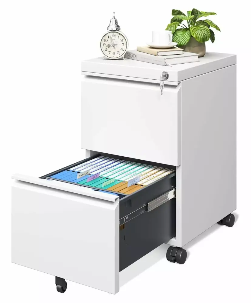 HMTtie Fully Assembled 2 Drawer Rolling File Cabinet Lock Small Mobile File Storage A4 Legal Letter File White