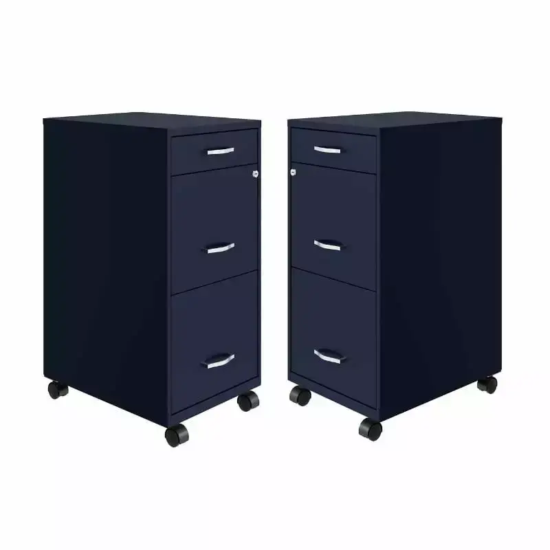 Home Square 3 Drawer Mobile Metal Filing Cabinet Set Navy Set 2