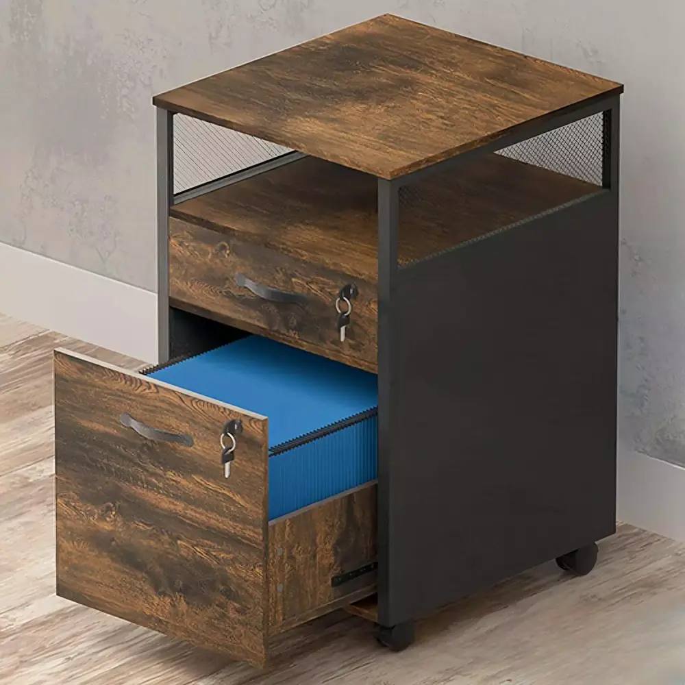 File Cabinet Lock 2 Drawer Rolling Mobile File Cabinet Home Office Rustic Brown and Black HONIFUR