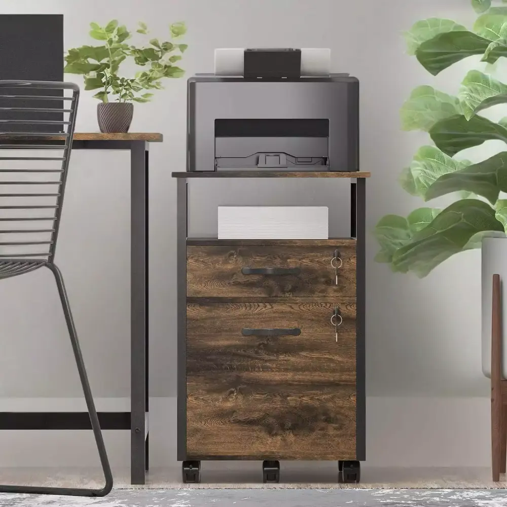 File Cabinet Lock 2 Drawer Rolling Mobile File Cabinet Home Office Rustic Brown and Black HONIFUR