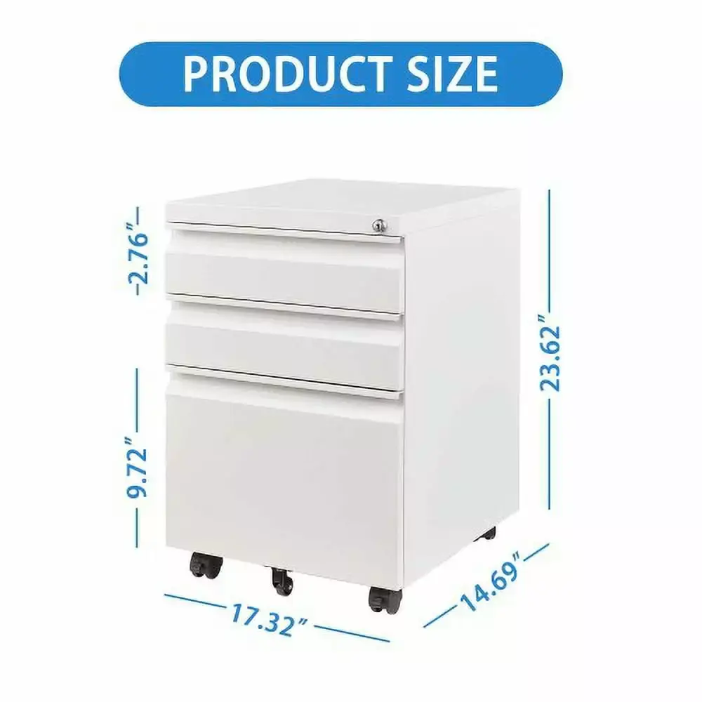 3 Drawer Mobile File Cabinet Lock Metal Filing Cabinet Home Office White Fully Assembled Hypeshops