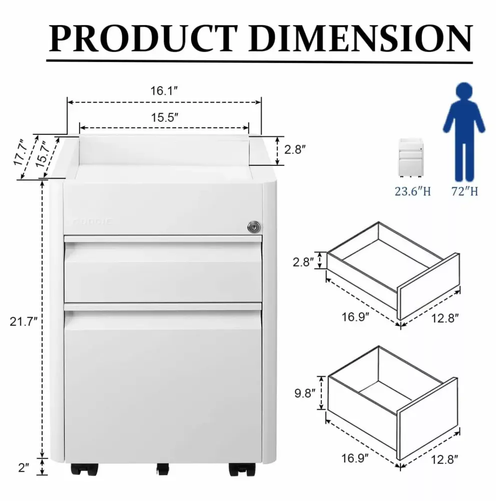 2 Drawer Mobile File Cabinet Top Storage Shelf Rolling Metal Filing Cabinet Anti-tilt Design Lock Jadona