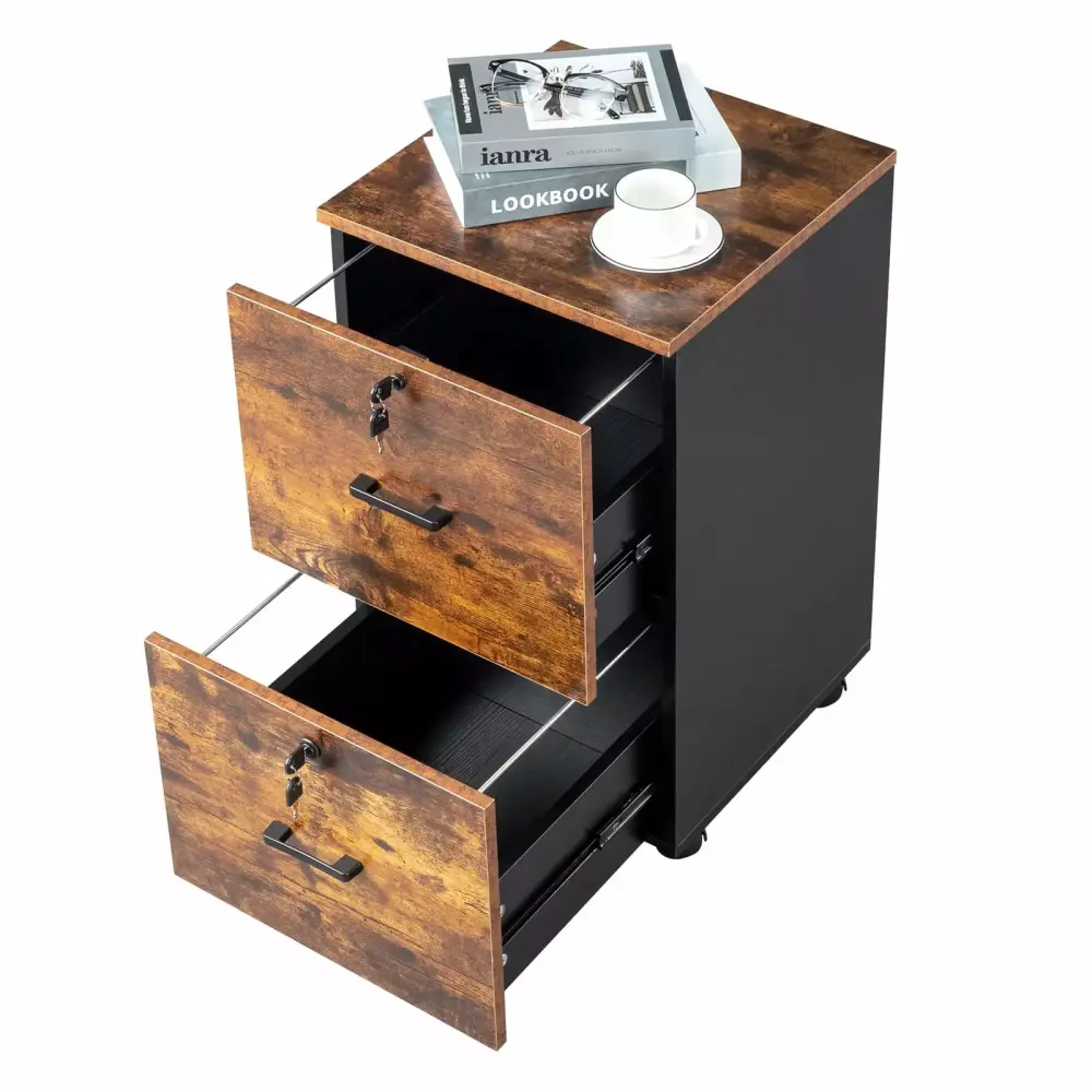 Ktaxon Mobile File Cabinet Lockable 2-Drawer Rolling Wood Filing Cabinet Brown Black