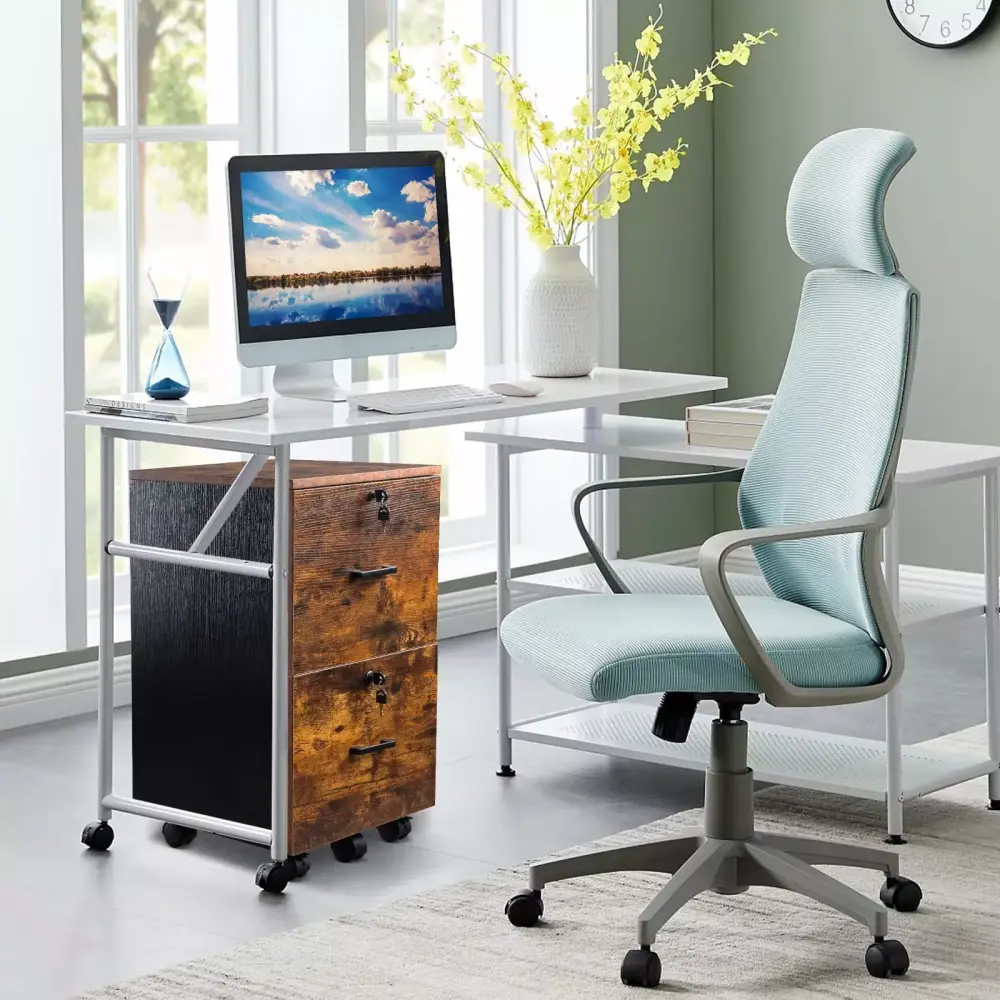 Ktaxon Mobile File Cabinet Lockable 2-Drawer Rolling Wood Filing Cabinet Brown Black