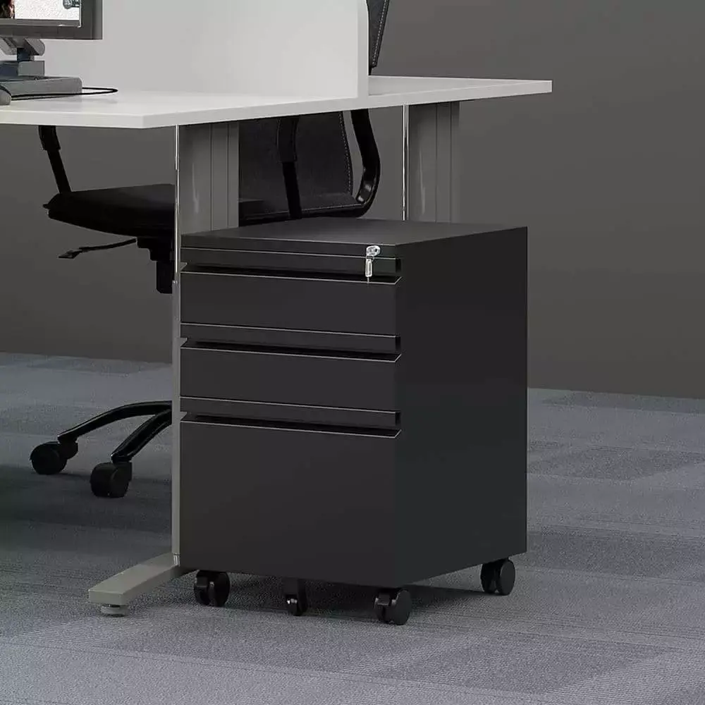 Black Mobile File Cabinet 3-Drawer Lock on Wheels 14.6 x 17.7 Inches Letter/Legal Metal LCD