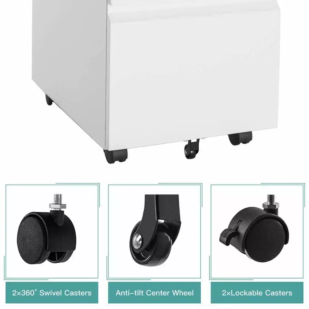 White Mobile File Cabinet 3-Drawer Lock on Wheels 14.6 x 17.7 Inches Letter/Legal Metal LCD