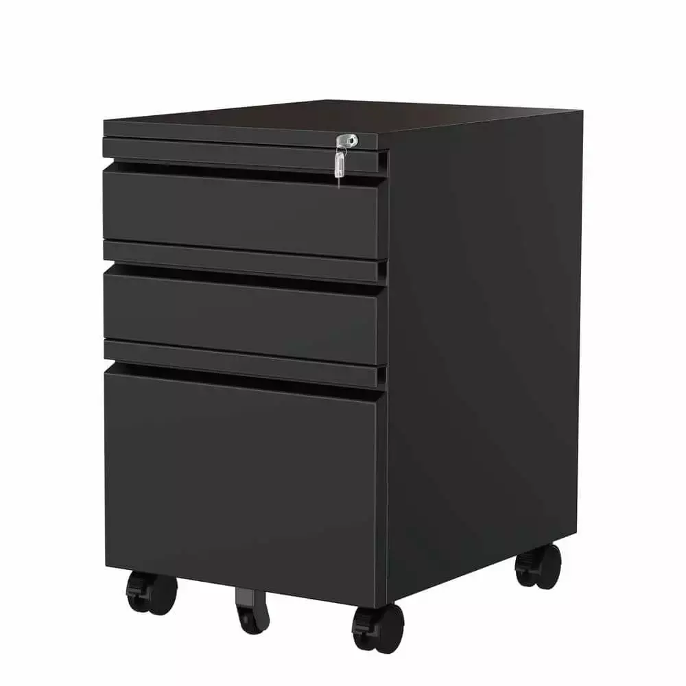 Black Mobile File Cabinet 3-Drawer Lock on Wheels 14.6 x 17.7 Inches Letter/Legal Metal LYJ