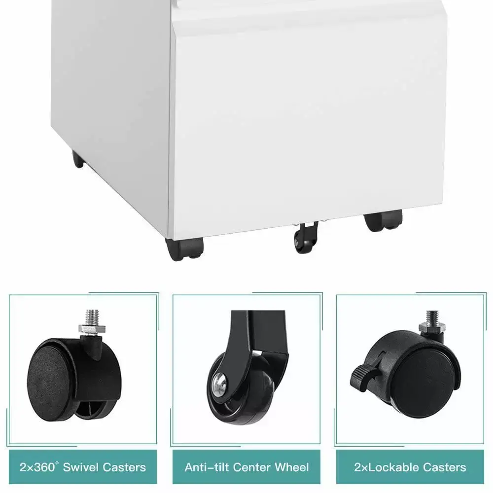 White Mobile File Cabinet 3-Drawer Lock on Wheels 14.6 x 17.7 Inches Letter/Legal Metal LYJ