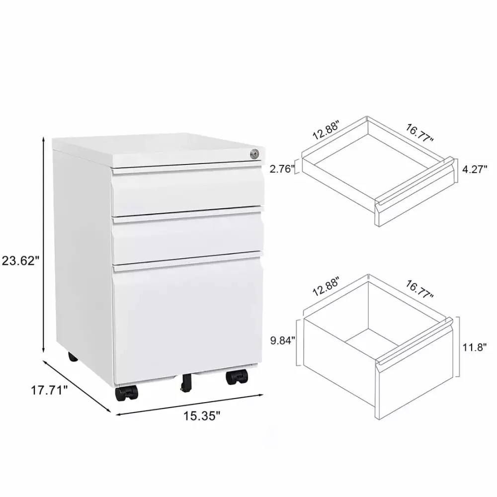 3-Drawer Mobile File Cabinet Lock Office Storage Legal Letter Size Pre-Assembled Metal White RICH