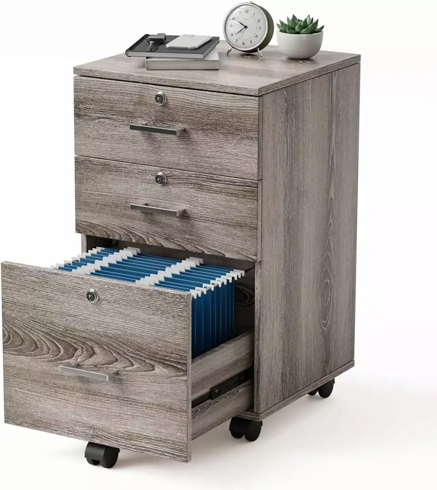 3-Drawer File Cabinet Lock Wood Rolling Under Desk Mobile Printer Stand Gray Oak RYIVYT