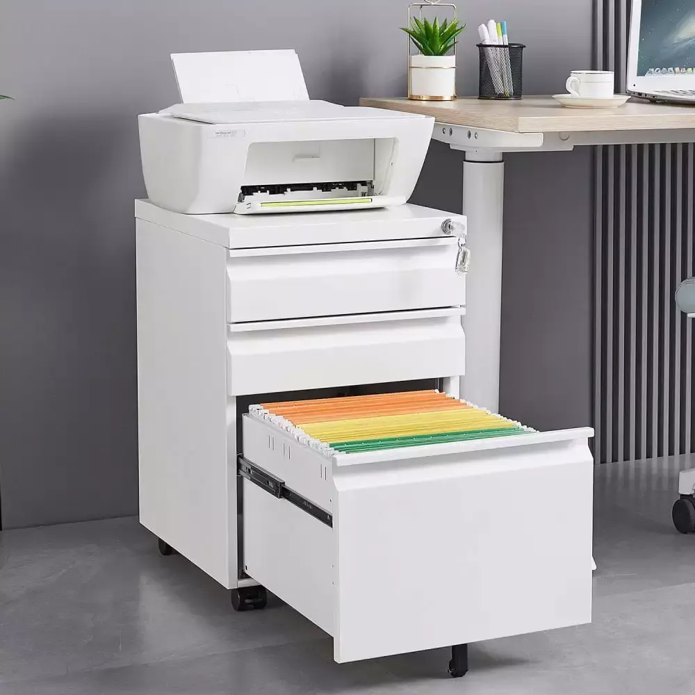 3 Drawer Mobile File Cabinet Lock Pre Assembled Metal Filing Cabinet White SuperDope