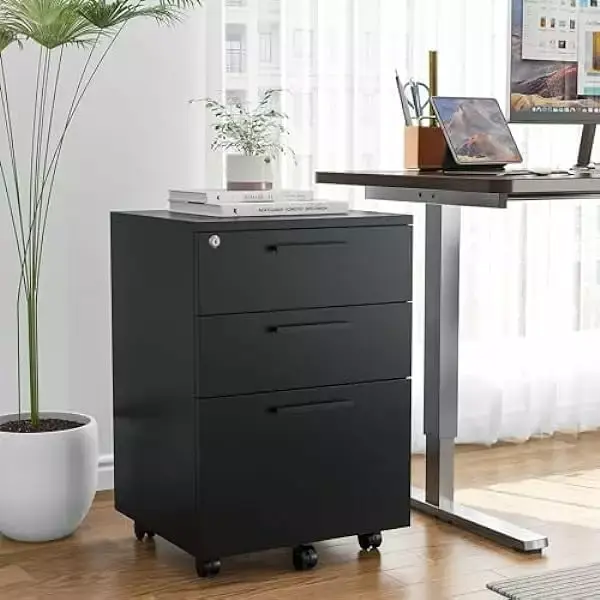 Superwum 3 Drawer Mobile File Cabinet Lock Under Desk Wood Rolling File Cabinet Printer Stand Home Office Black