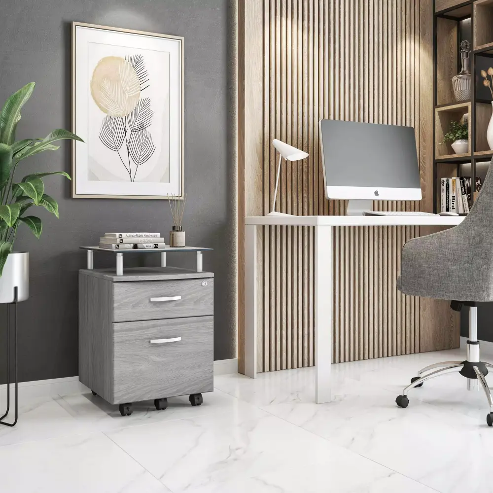 Techni Mobili Engineered Wood Frame Rolling File Cabinet Glass Top Gray