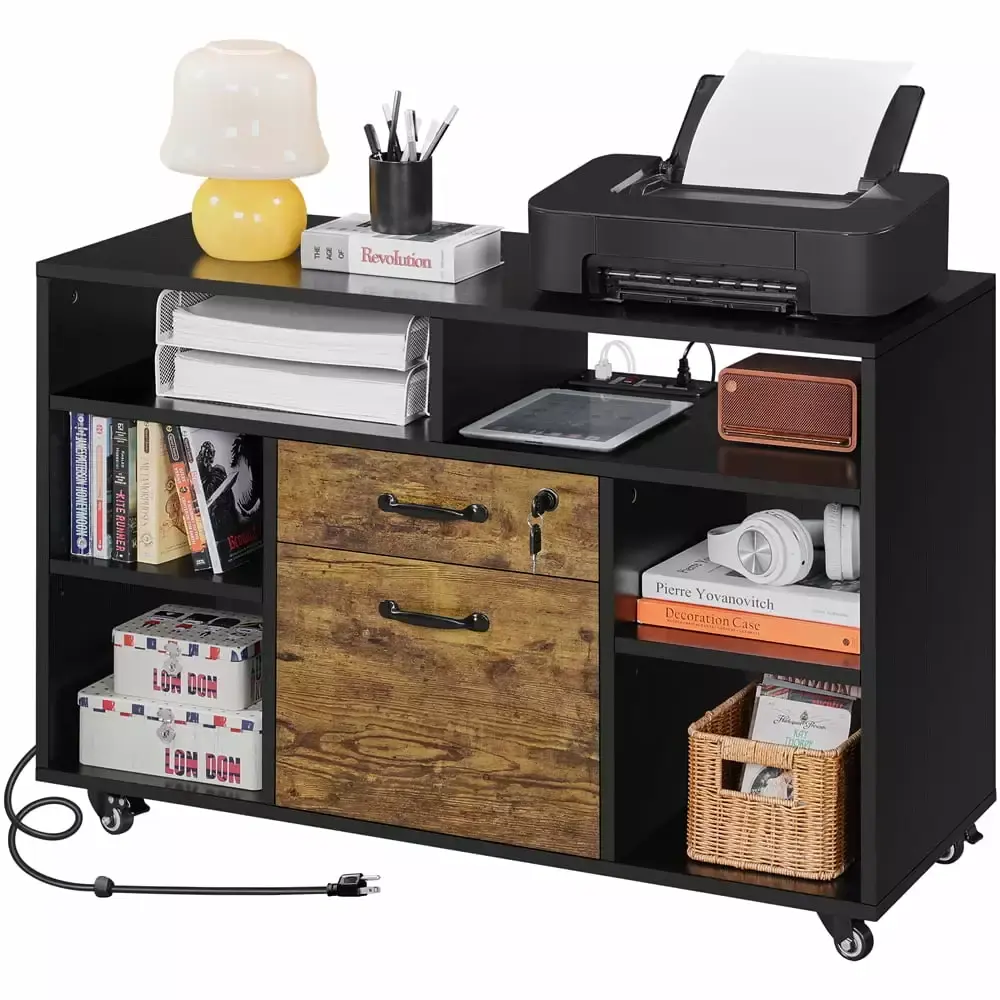 Topeakmart Rolling Storage File Cabinet Lockable Drawer Power Outlet Black Rustic Brown