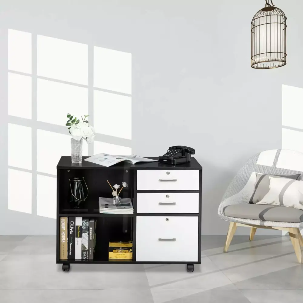 Winado 3 Drawer Wood File Cabinet Wheels and Open Shelves Office Storage