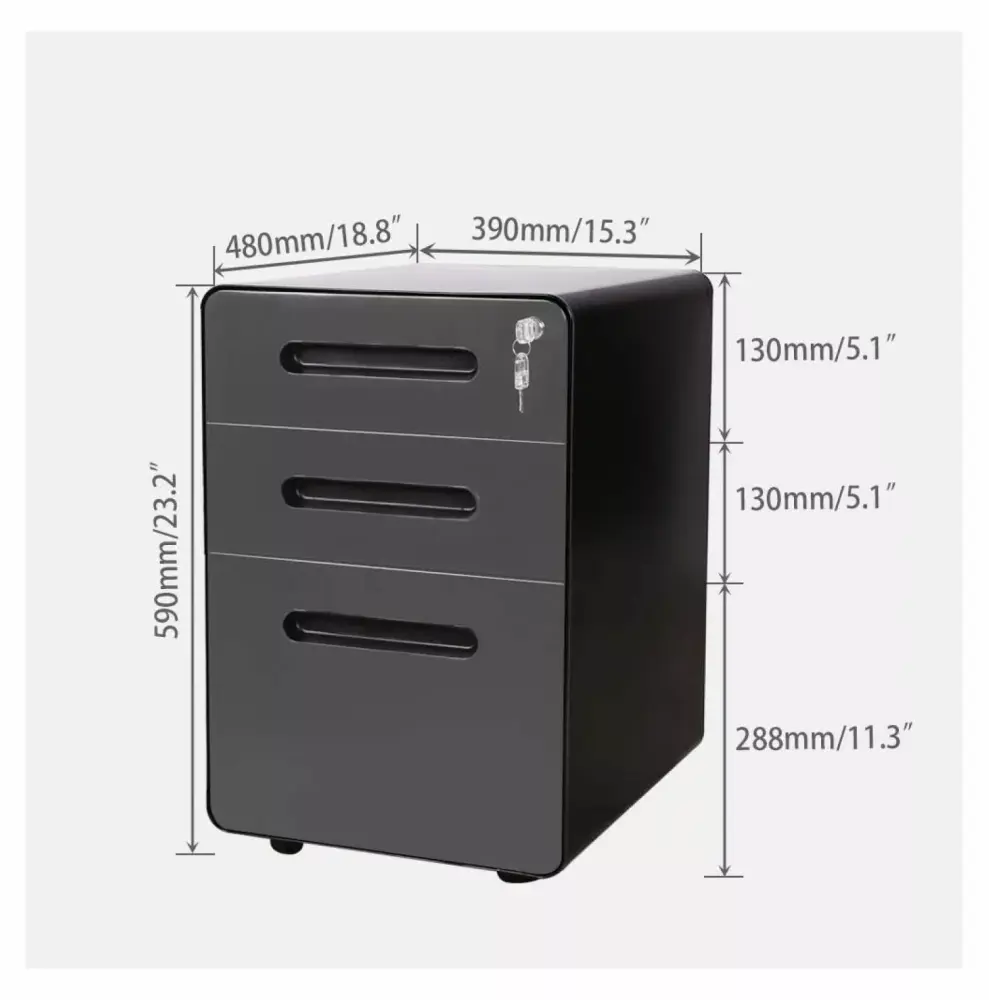 3-Drawer Vertical Metal Mobile File Cabinet Locking Keys Charcoal Panel Black Body ZanQee