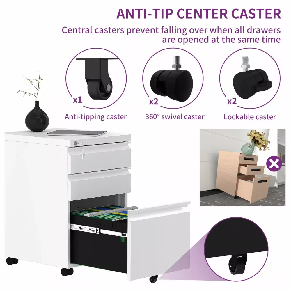 ZGBY 3-Drawer Mobile File Cabinet Lock Office Storage Filing Cabinet White ZGBY Office Products