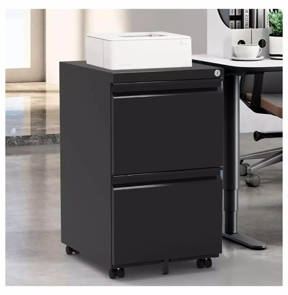 ZHANGHU 2 Drawer Mobile File Cabinet Metal Vertical Filing Cabinet Lock Anti-tilt Design Black