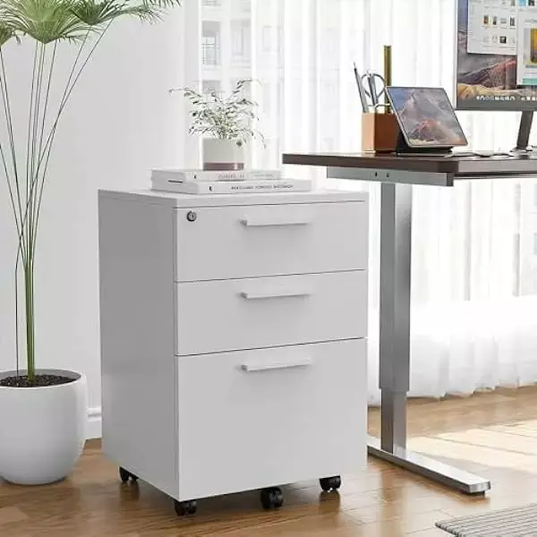 ZHOUJIA 3 Drawer Mobile File Cabinet Lock Under Desk Wood Rolling File Cabinet Printer Stand Home Office White