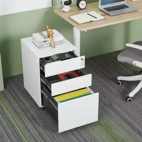 White 3-Drawer Steel Mobile File Cabinet Wheels and Lock Key TeviRoom