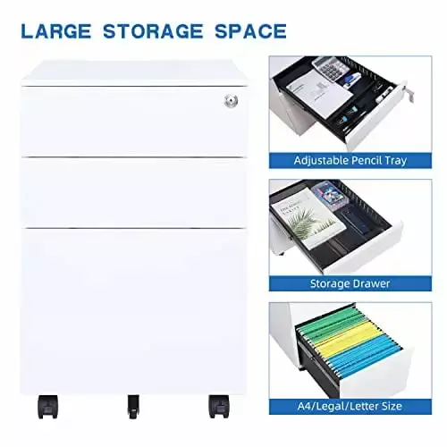 White 3-Drawer Steel Mobile File Cabinet Wheels and Lock Key TeviRoom