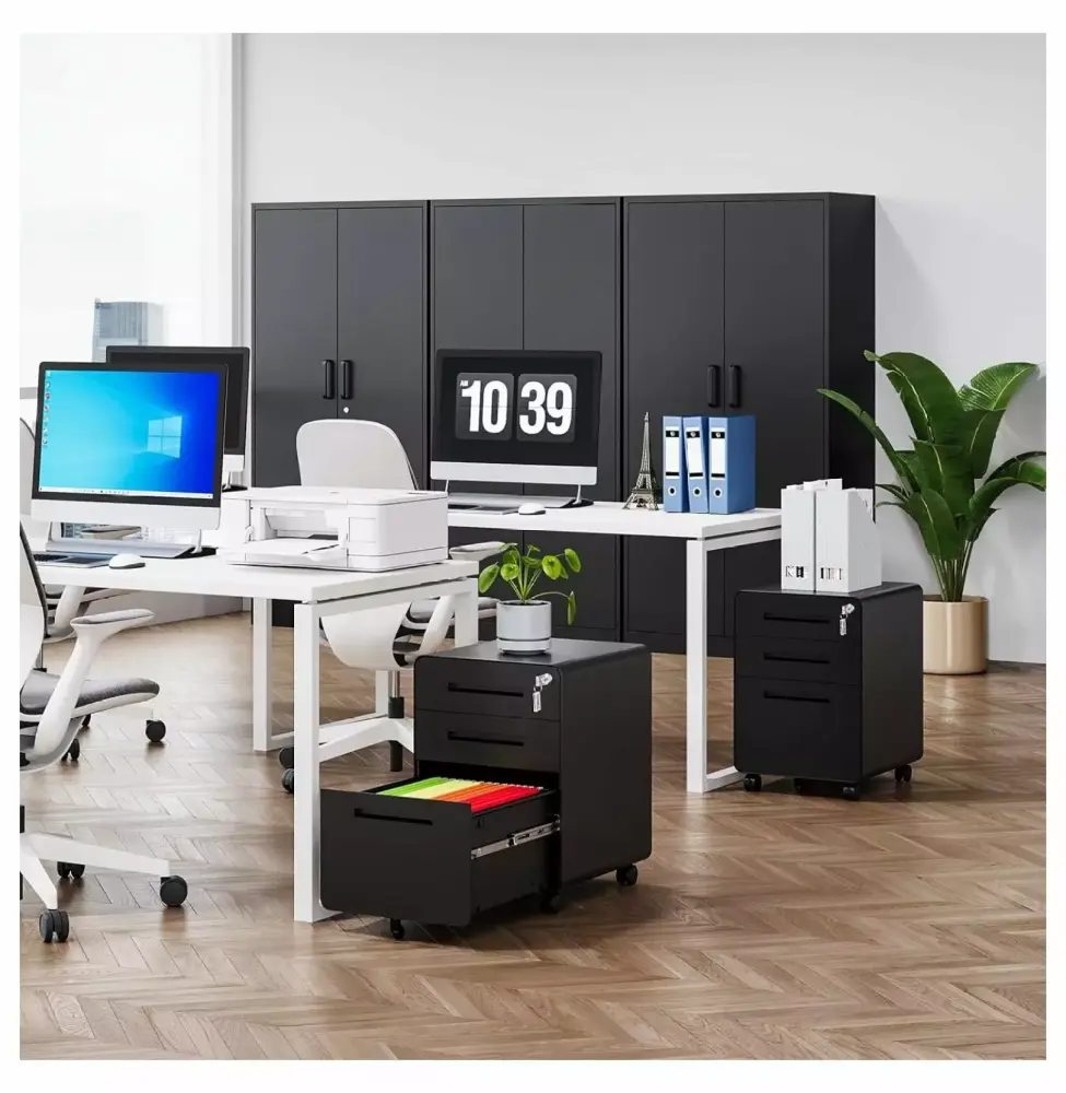 TiaGOC 3 Drawer Mobile Filing Cabinet Wheels and Lock Home Office Black