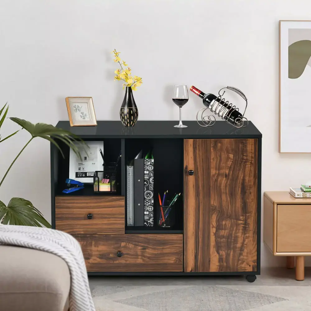 Gymax Large Printer Stand Lateral Mobile Filing Cabinet 2 Drawers Open Shelves Black