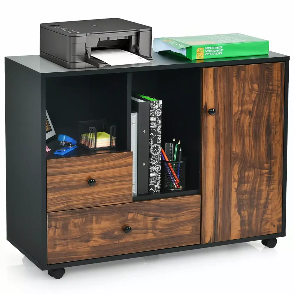 Gymax Large Printer Stand Lateral Mobile Filing Cabinet 2 Drawers Open Shelves Black