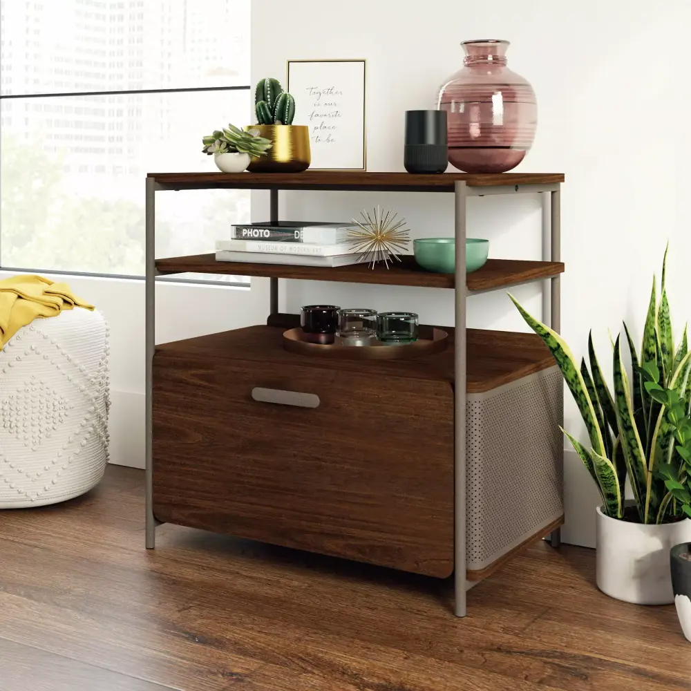 River Street Designs Modern File Cabinet Open Shelves Umber Wood Finish Office Storage