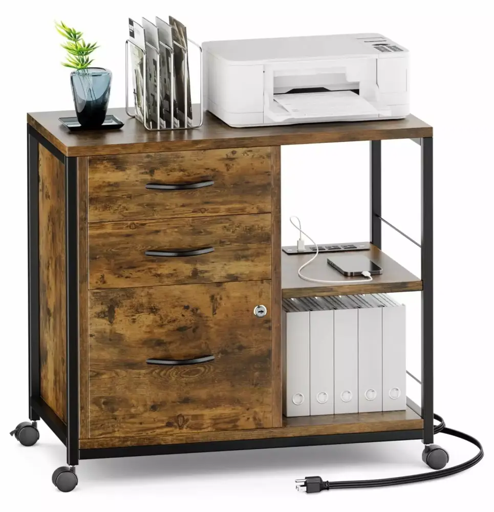 MAQING 3 Drawer File Cabinet Lock and USB Charging Port Rustic Office Storage