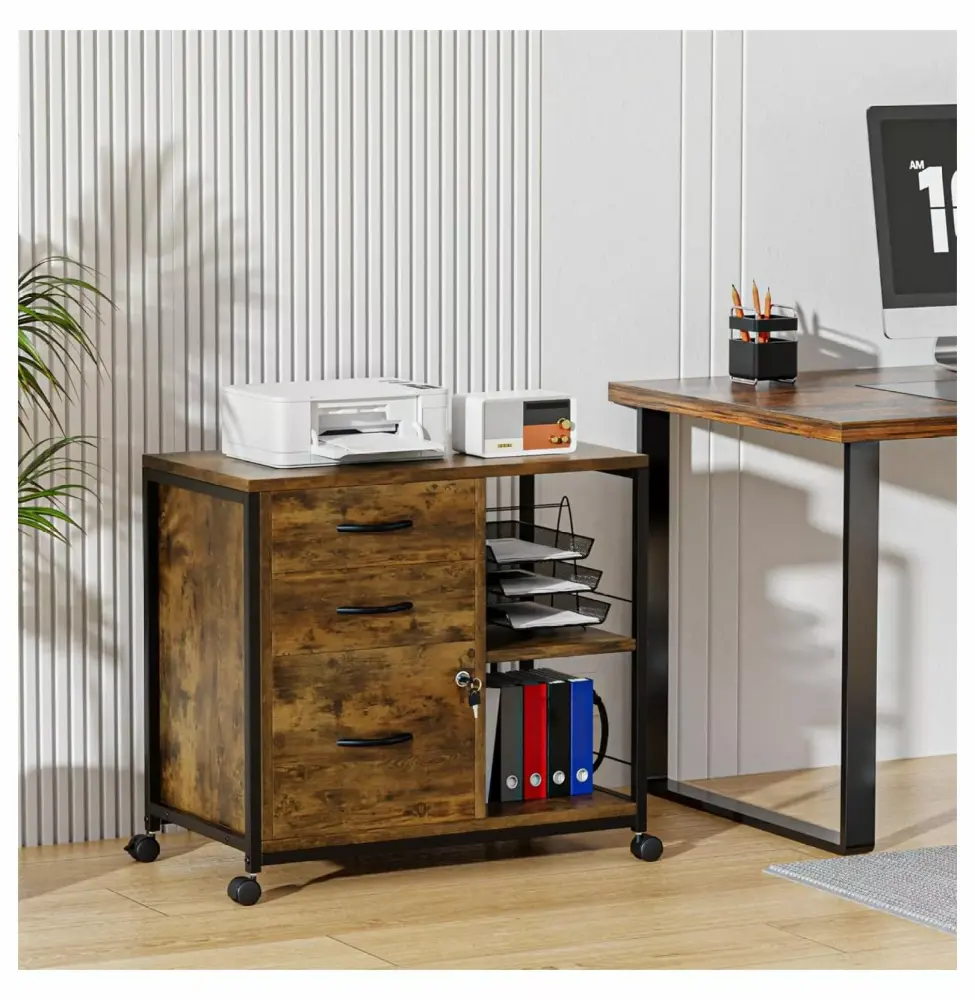 MAQING 3 Drawer File Cabinet Lock and USB Charging Port Rustic Office Storage