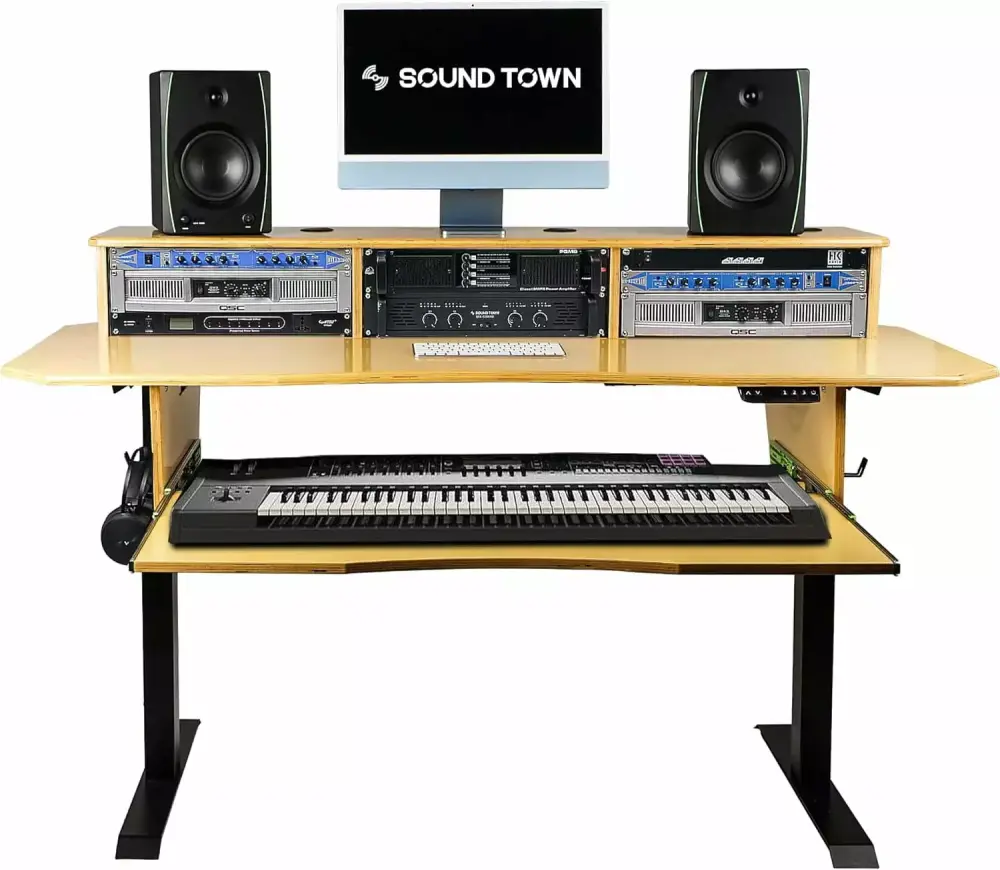 Sound Town DIY Music Studio Desk Workstation Furniture Electric Height Adjustable Golden Oak