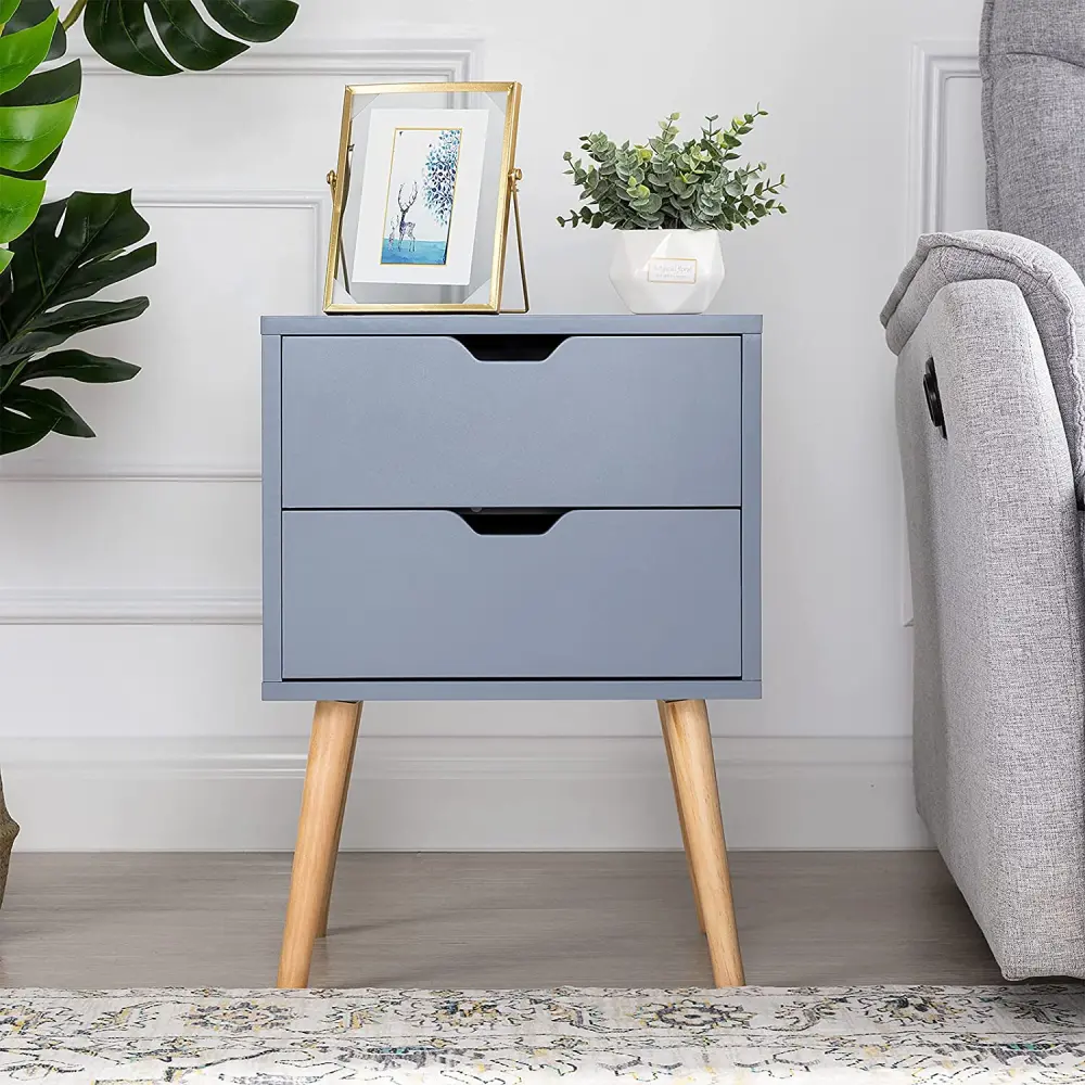 Blue Modern Wood Nightstand 2 Drawers