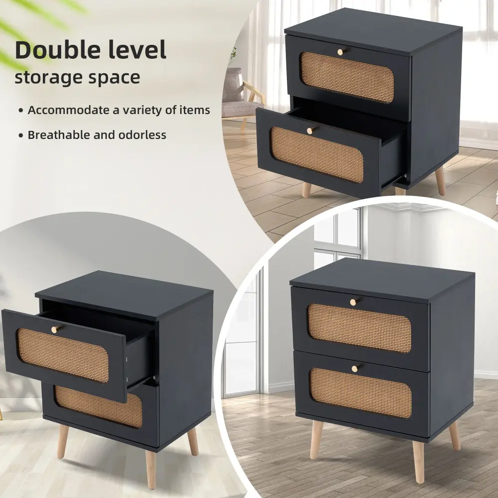 2 Drawer Rattan Nightstand Bedroom And Living Room, End Table, Side Table 2 Hand Made Rattan Decorated Drawers - Onyx