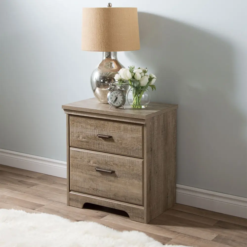 Solid Wood Nightstand 2-Drawer Nightstand - Versa Weathered Oak